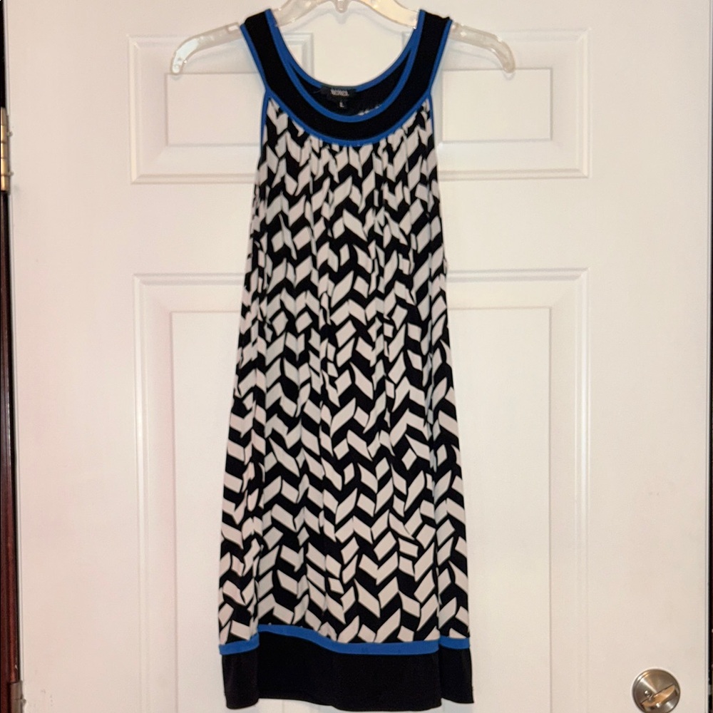 XOXO Patterned A-Line Dress L Black/White Blue Accents Sleeveless Vintage